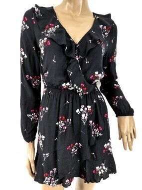 EXPRESS Dress LS Ruffle Edge Fold Over Skirt Floral Crepe S